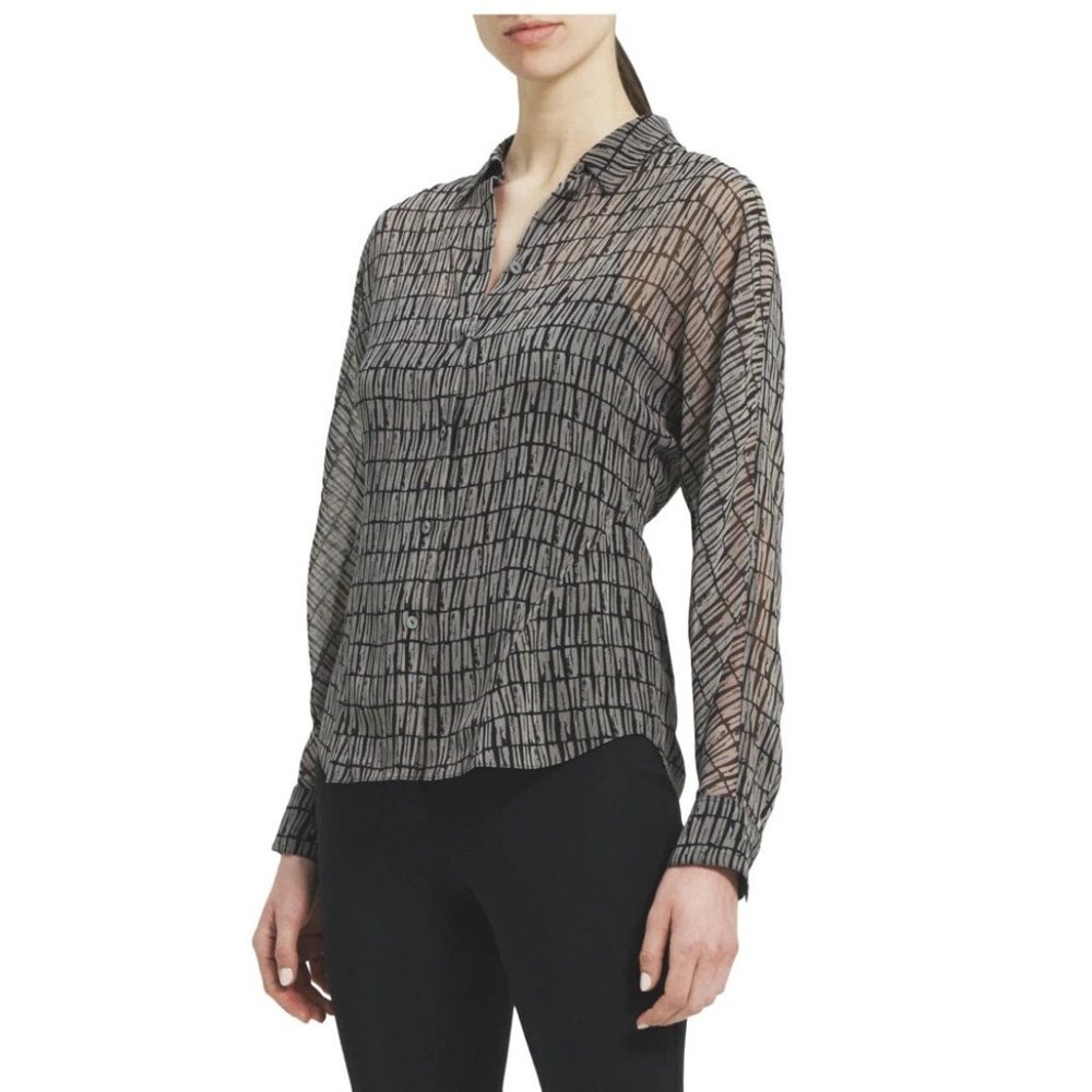 NWT Theory Women Size Small Seam Cinch Sheer Shirt in Stripe Tile Grey Multi NEW
